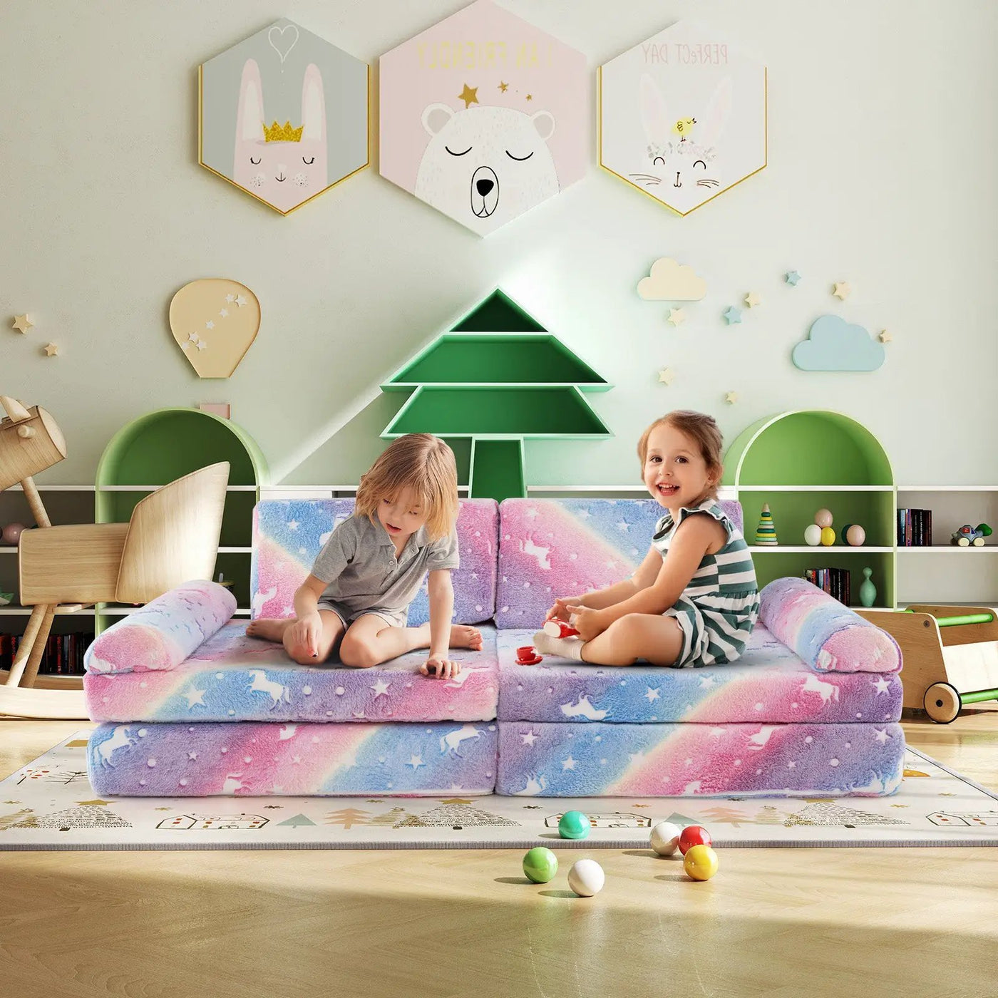 8 Pieces Modular Kids Play Couch Glow in the Dark Toddler Sectional Sofa by DirectDeals