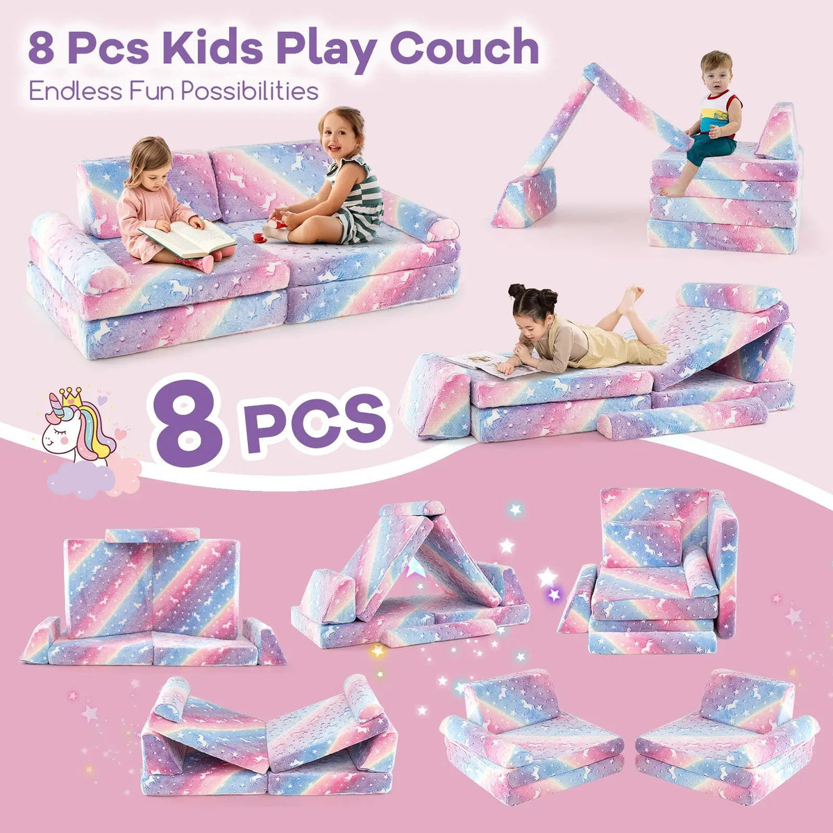 8 Pieces Modular Kids Play Couch Glow in the Dark Toddler Sectional Sofa by DirectDeals
