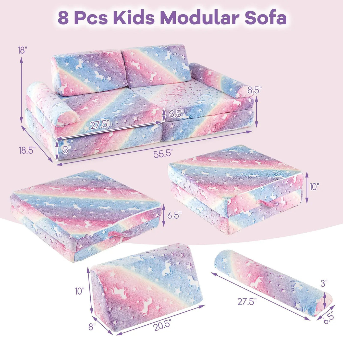 8 Pieces Modular Kids Play Couch Glow in the Dark Toddler Sectional Sofa by DirectDeals