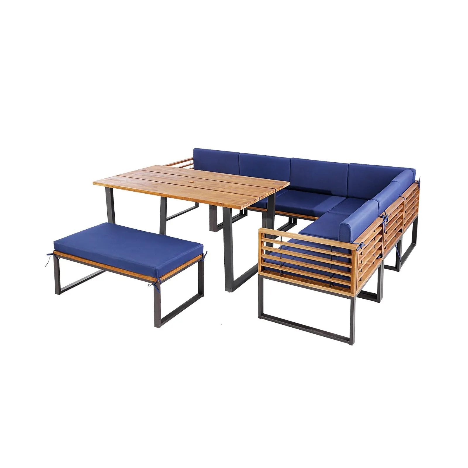 8 Pieces Patio Acacia Wood Dining Table Set with Ottoman Cushions-Navy by DirectDeals