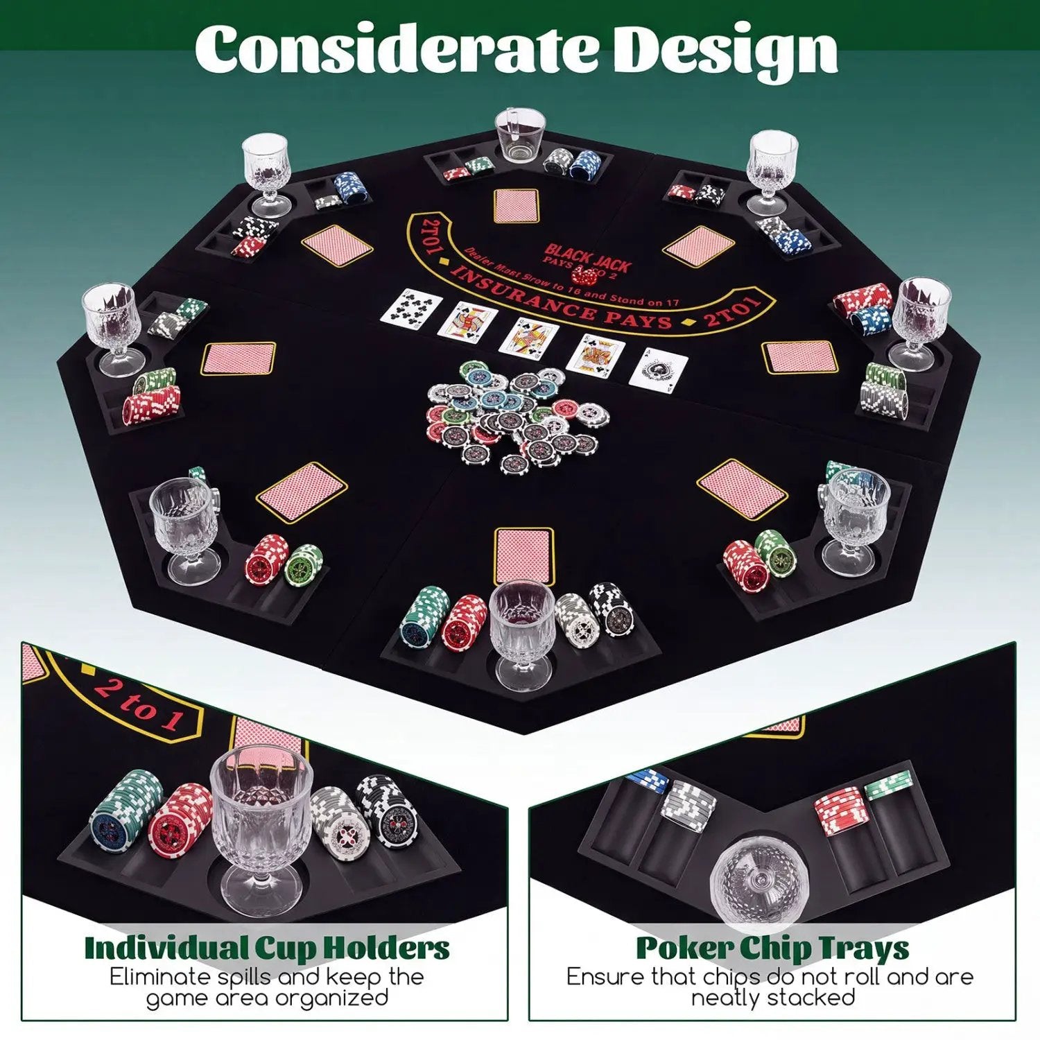 8-Player Foldable Poker Table Top with Cup Holders by DirectDeals