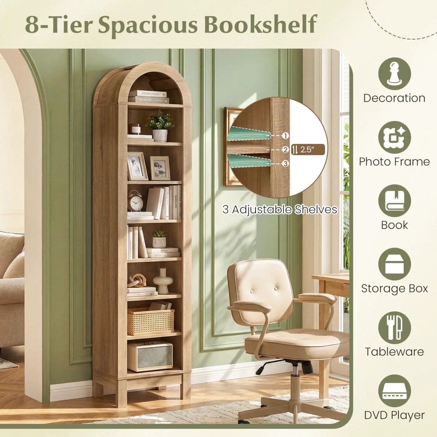 8-Tier Modern Arch Bookshelf with 3 Adjustable Shelves by DirectDeals