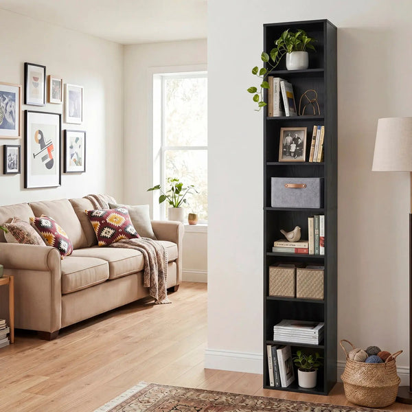 8-Tier Narrow Bookshelf with Adjustable Shelves