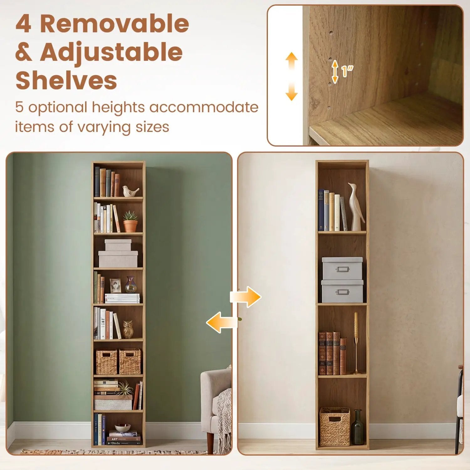 8-Tier Narrow Bookshelf with Adjustable Shelves by DirectDeals
