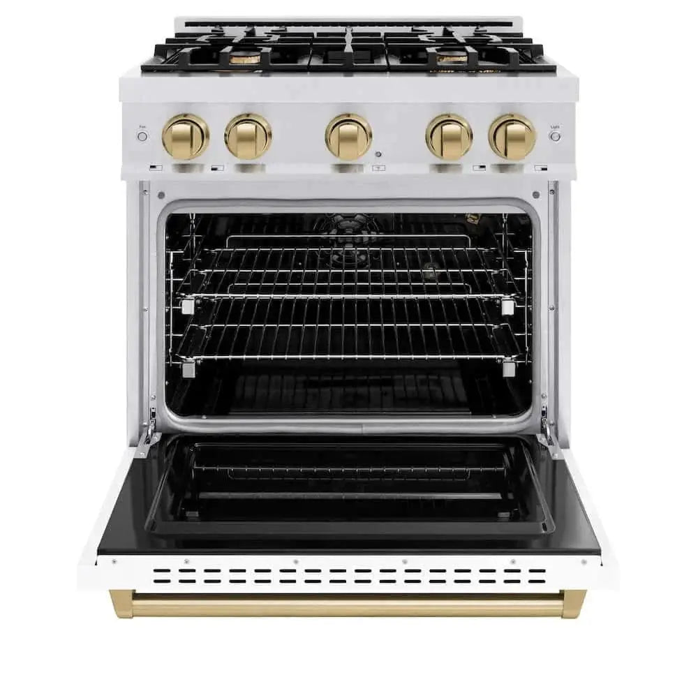 ZLINE 30"Classic Gas Range, Convection Gas Oven, DuraSnow® Stainless Steel, White Matte Door Champagne Bronze CGRSZ-WM-30-CB by Farmhouse Kitchen and Bath