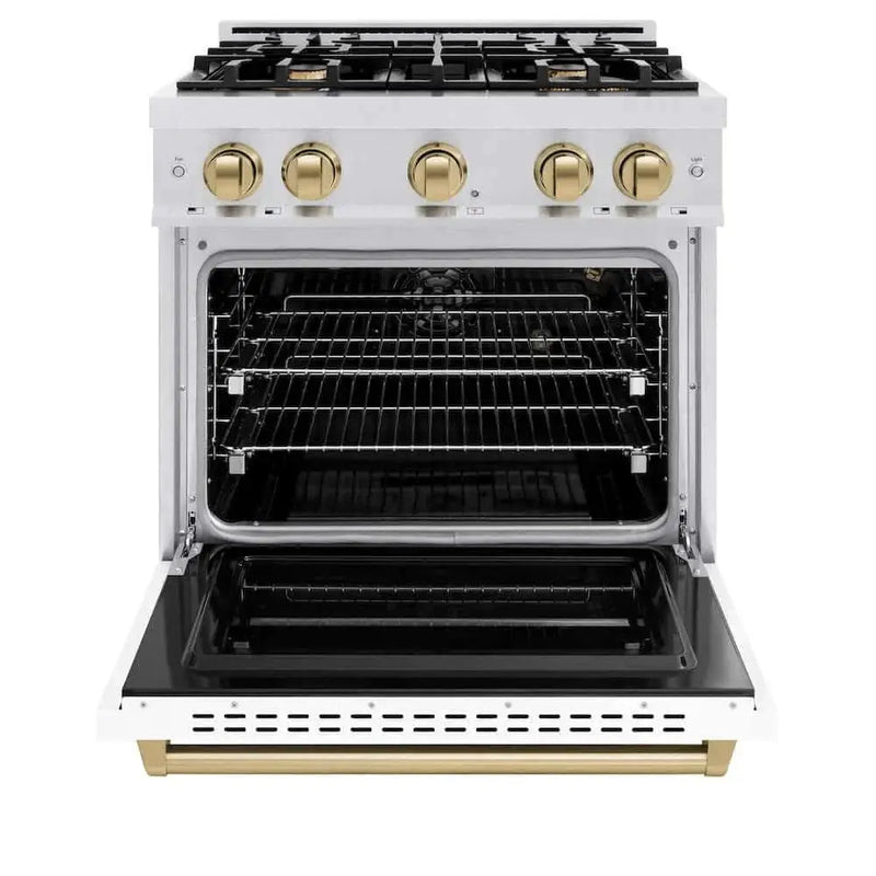 ZLINE 30"Classic Gas Range, Convection Gas Oven, DuraSnow® Stainless Steel, White Matte Door Champagne Bronze CGRSZ-WM-30-CB by Farmhouse Kitchen and Bath