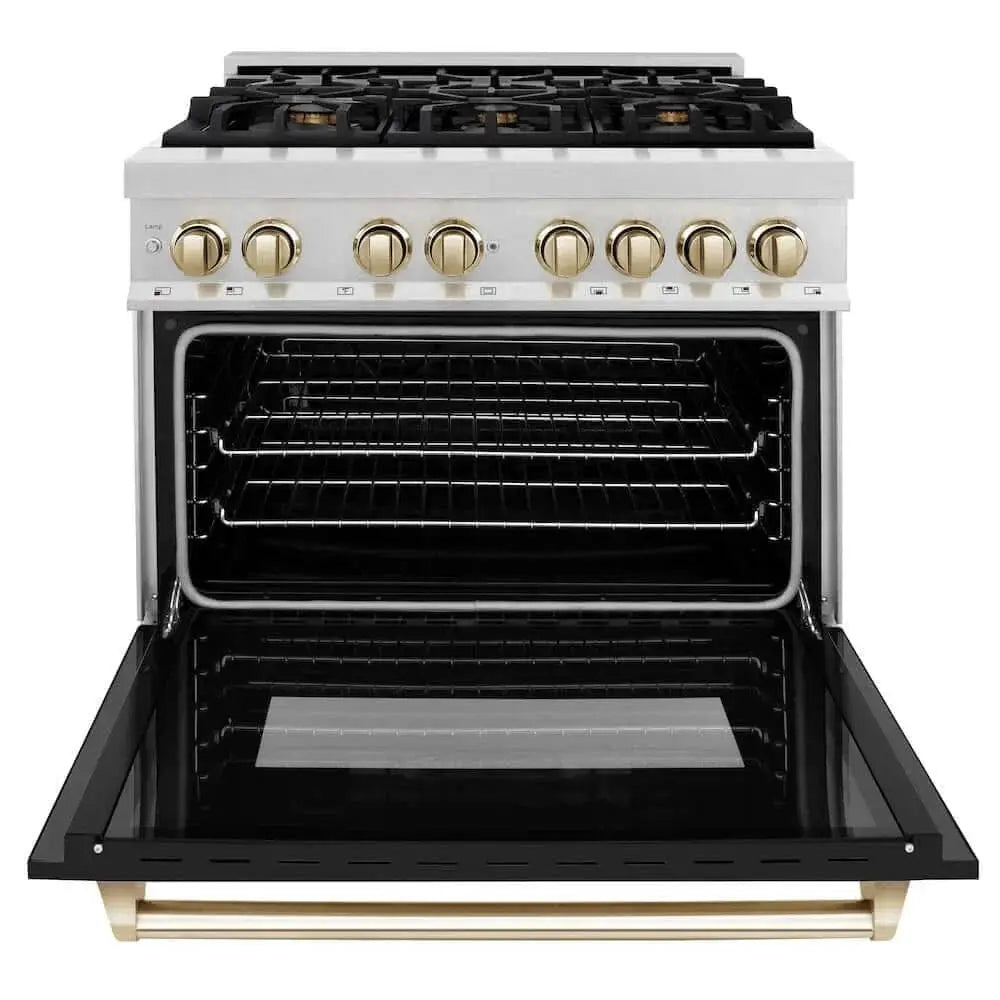 ZLINE 36" Autograph, Dual Fuel Range, Black Door, Gold, RASZ-BLM-36-G by Farmhouse Kitchen and Bath