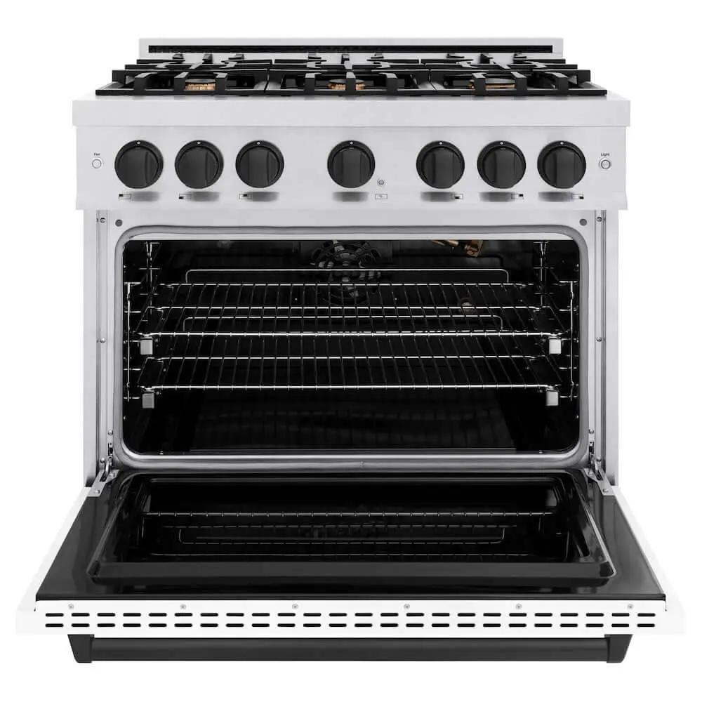 ZLINE 36"Classic Gas Range, Convection Gas Oven, DuraSnow® Stainless Steel, White Matte Door Matte Black CGRSZ-WM-36-MB by Farmhouse Kitchen and Bath