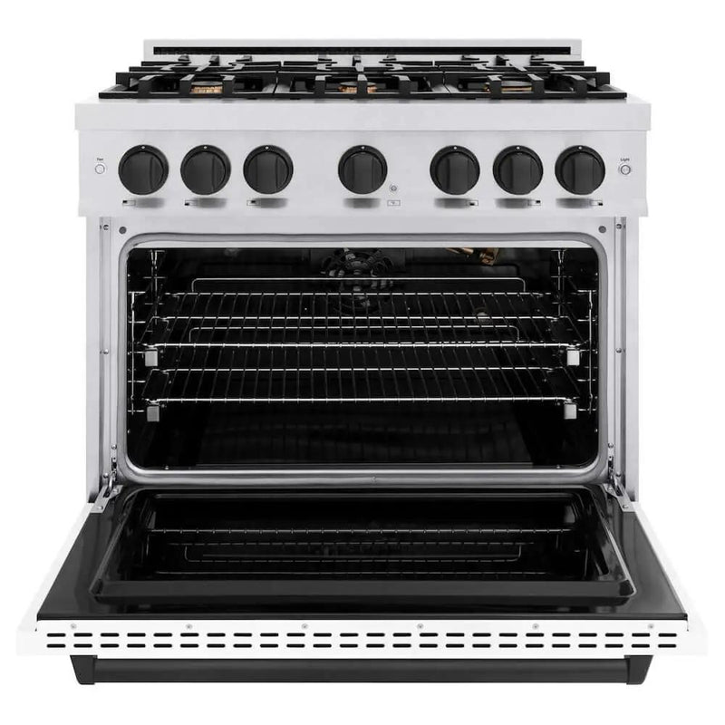 ZLINE 36"Classic Gas Range, Convection Gas Oven, DuraSnow® Stainless Steel, White Matte Door Matte Black CGRSZ-WM-36-MB by Farmhouse Kitchen and Bath
