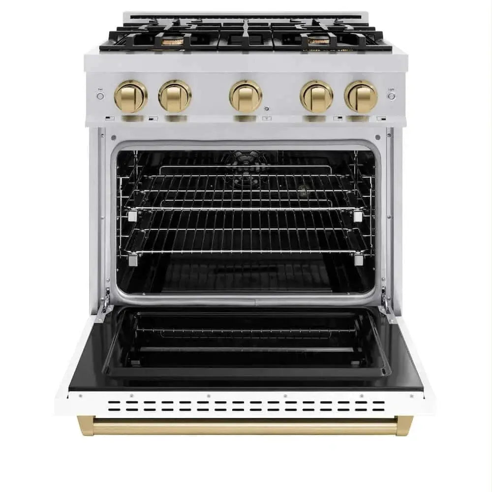 ZLINE 30" Dual Fuel Range, Gas Cooktop, Electric Convection Oven Stainless Steel, White Matte Polished Gold CDRZ-WM-30-G by Farmhouse Kitchen and Bath
