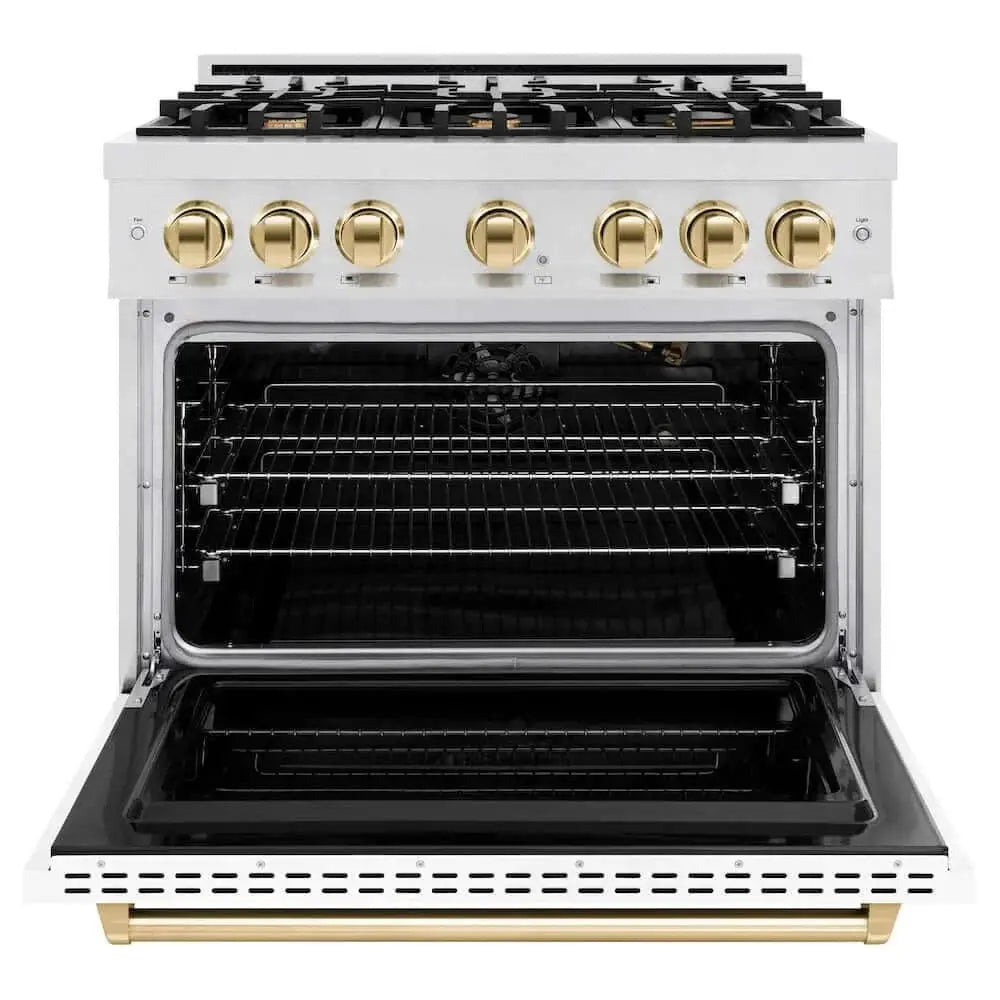 ZLINE 36"Classic Gas Range, Convection Gas Oven, DuraSnow® Stainless Steel, White Matte Door Polished Gold CGRSZ-WM-36-G by Farmhouse Kitchen and Bath