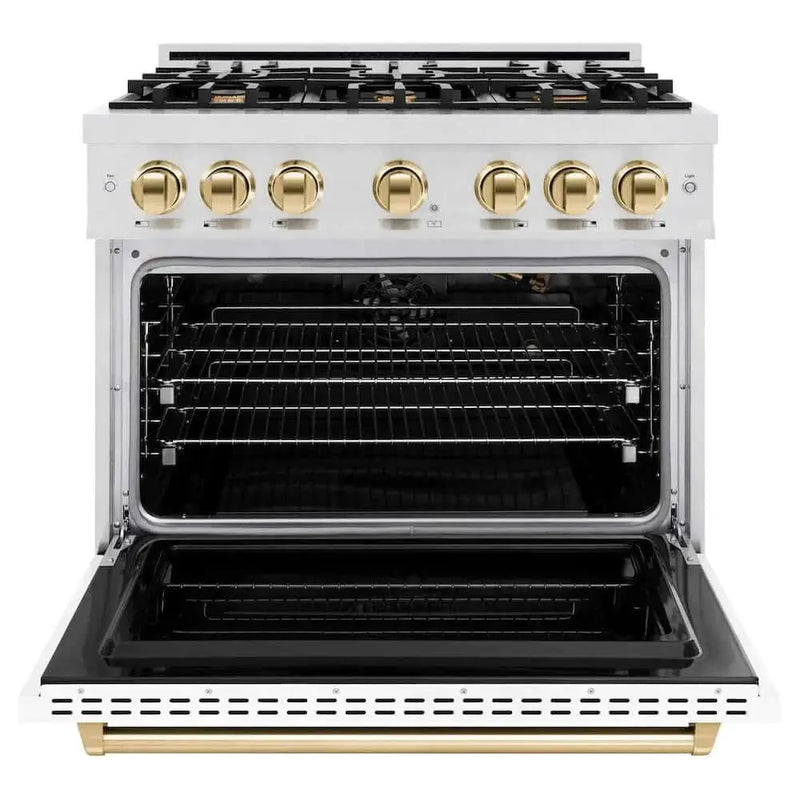 ZLINE 36"Classic Gas Range, Convection Gas Oven, DuraSnow® Stainless Steel, White Matte Door Polished Gold CGRSZ-WM-36-G by Farmhouse Kitchen and Bath