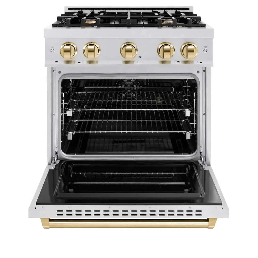 ZLINE 30" Classic Gas Range, Convection Gas Oven DuraSnow® Stainless Steel, Gold CGRSZ-30-G by Farmhouse Kitchen and Bath