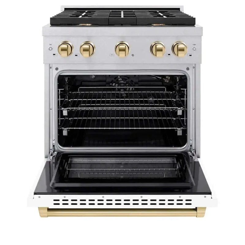 ZLINE 30"Gas Range, Convection Gas Oven, DuraSnow® White Matte, Gold SGRSZ-WM-30-G by Farmhouse Kitchen and Bath