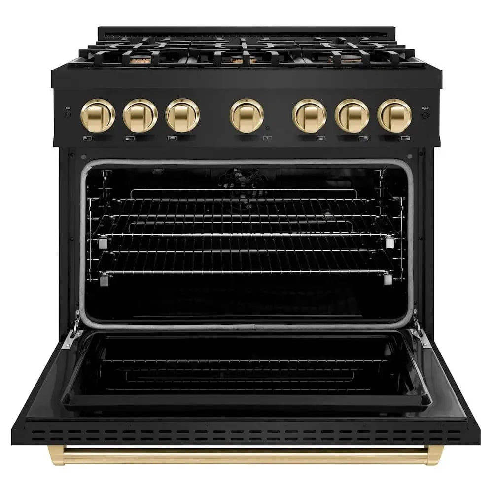 ZLINE 36" Classic Gas Range, Convection Gas Oven Black Stainless Steel, Gold CGRBZ-36-G by Farmhouse Kitchen and Bath