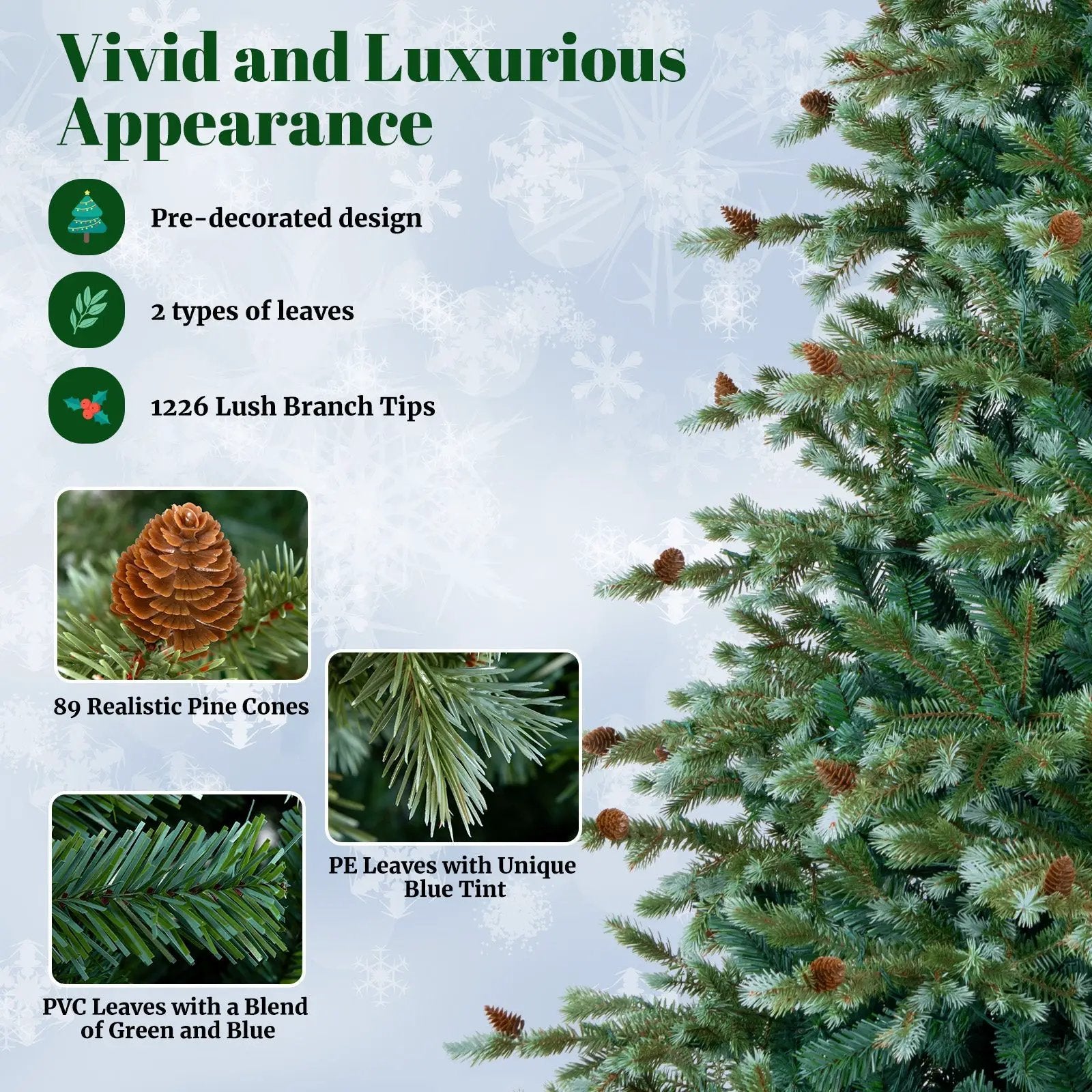 6/7/8 Feet Christmas Tree with Warm White LED Lights and Pine Cones by DirectDeals