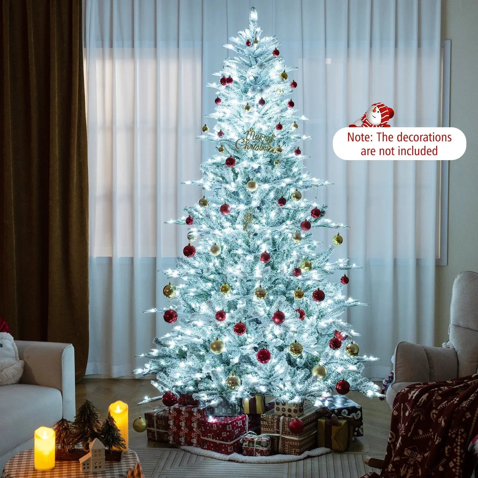 8 Feet Snow Flocked Artificial Christmas Tree with Cool White LED Lights by DirectDeals