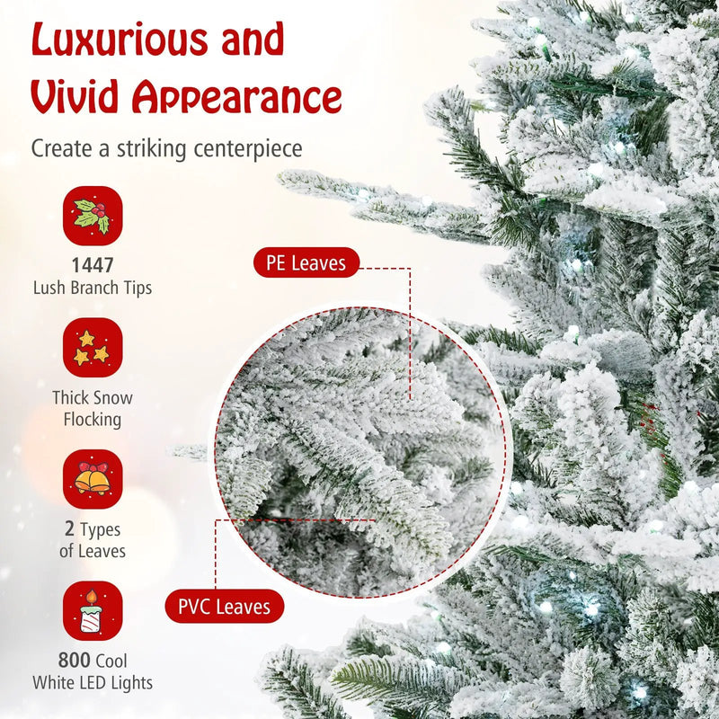 8 Feet Snow Flocked Artificial Christmas Tree with Cool White LED Lights by DirectDeals