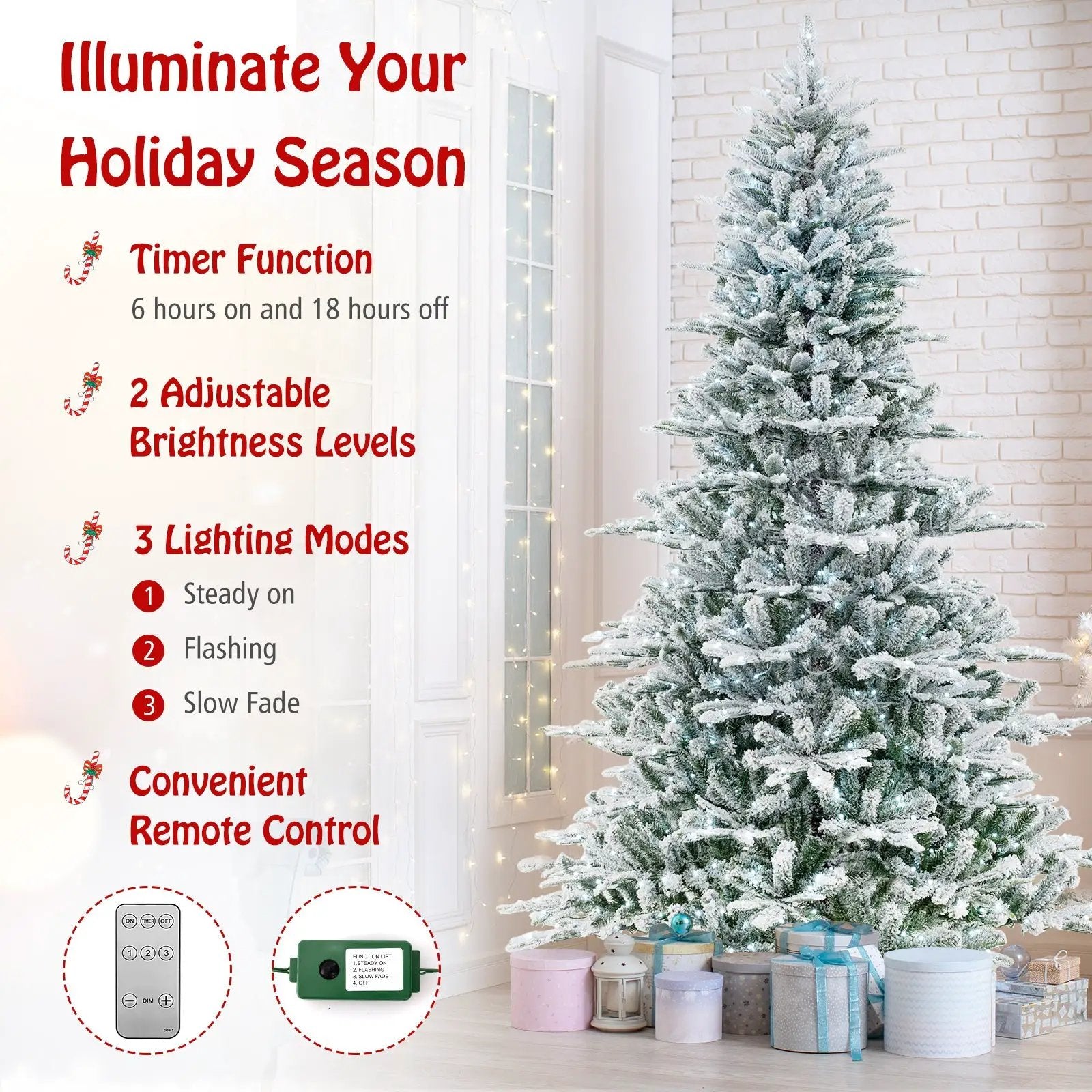 8 Feet Snow Flocked Artificial Christmas Tree with Cool White LED Lights by DirectDeals