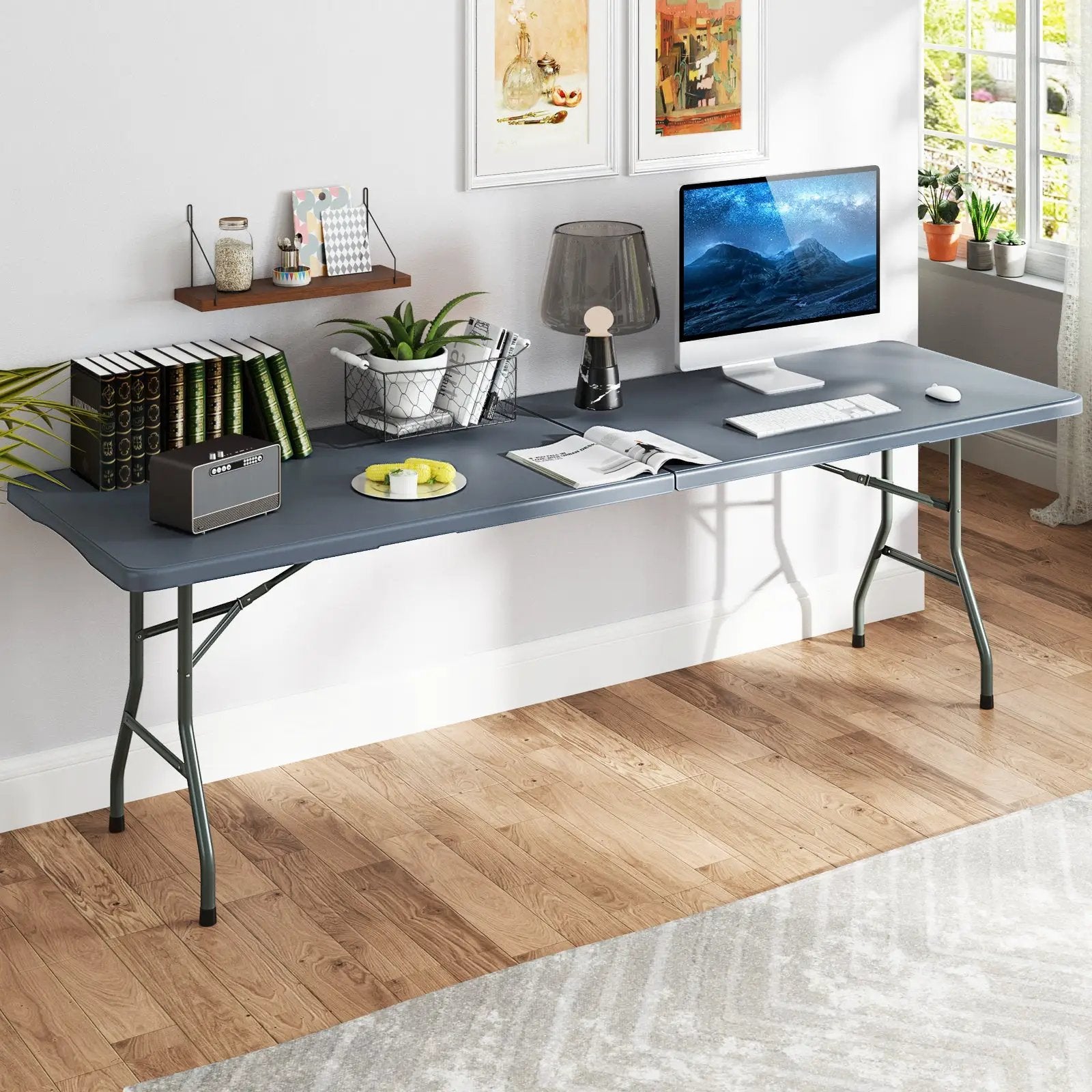 8 ft Portable Folding Table 350 LBS Fold-in-Half Table with HDPE Tabletop by DirectDeals