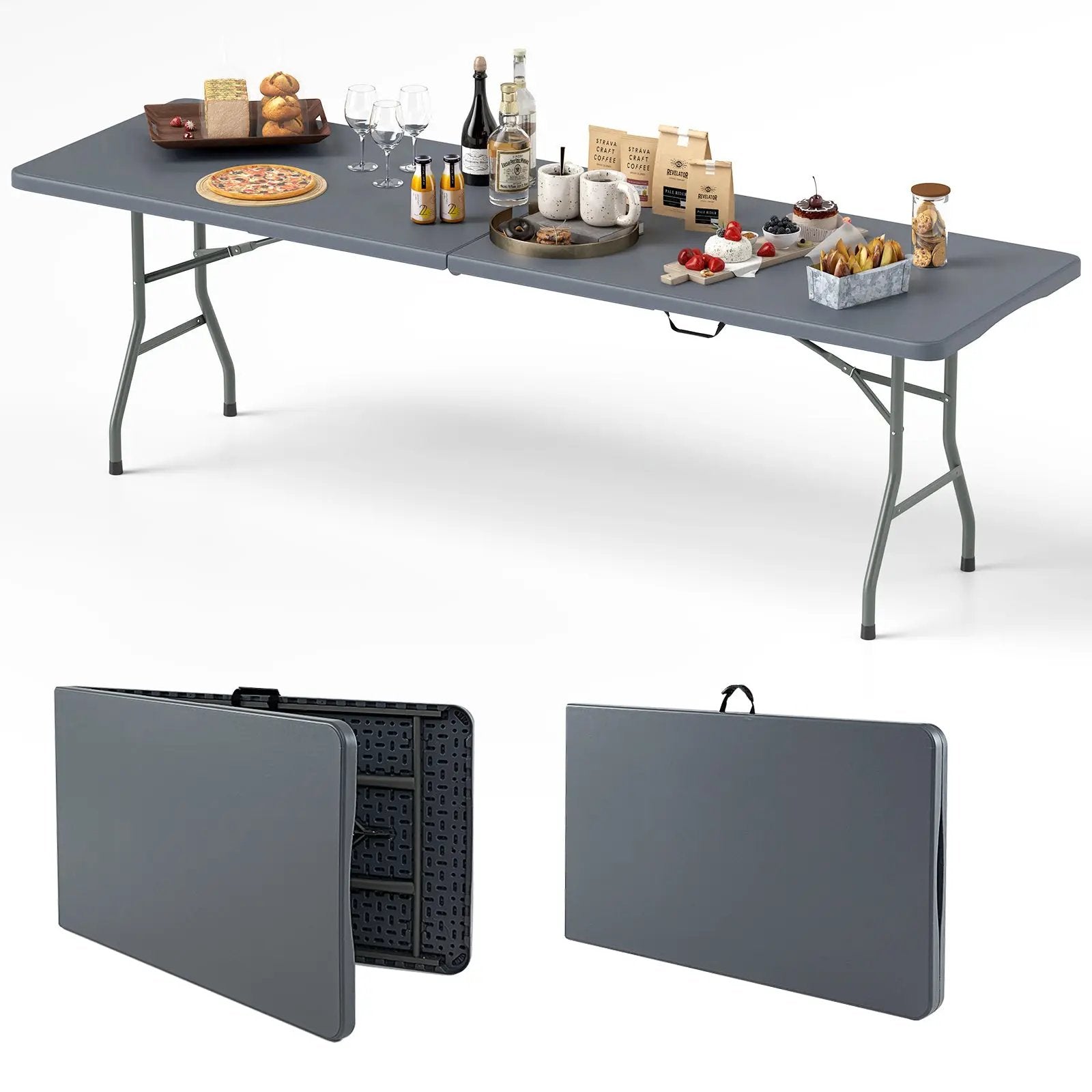 8 ft Portable Folding Table 350 LBS Fold-in-Half Table with HDPE Tabletop by DirectDeals