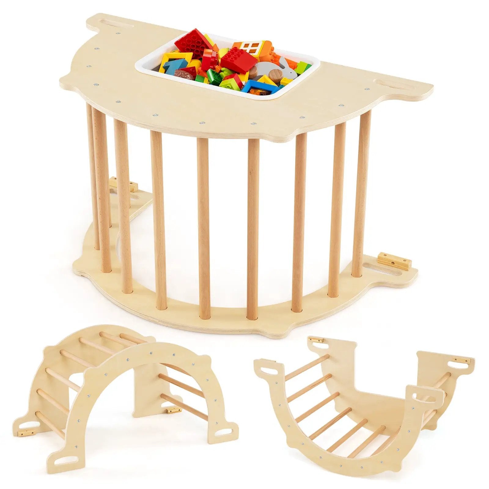 8 in 1 Climbing Arch Sensory Table for Kids with Collapsible Storage Bin for 3+ Years Old-Natural by DirectDeals
