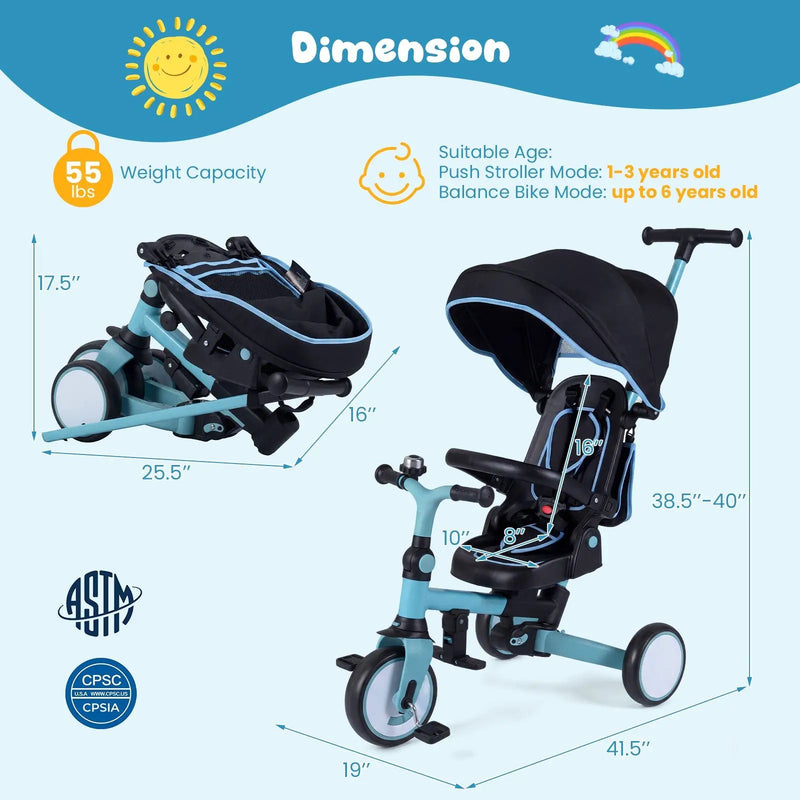 8-in-1 Folding Kids Tricycle with Removable Canopy and Push Handle by DirectDeals