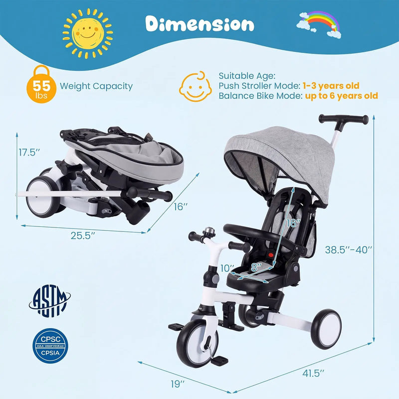 8-in-1 Folding Kids Tricycle with Removable Canopy and Push Handle by DirectDeals