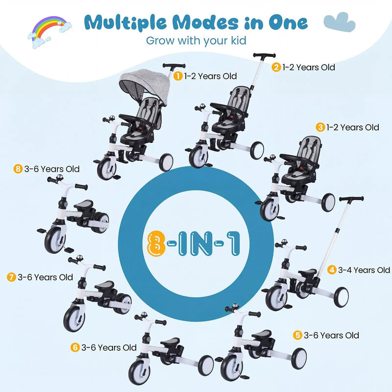 8-in-1 Folding Kids Tricycle with Removable Canopy and Push Handle by DirectDeals