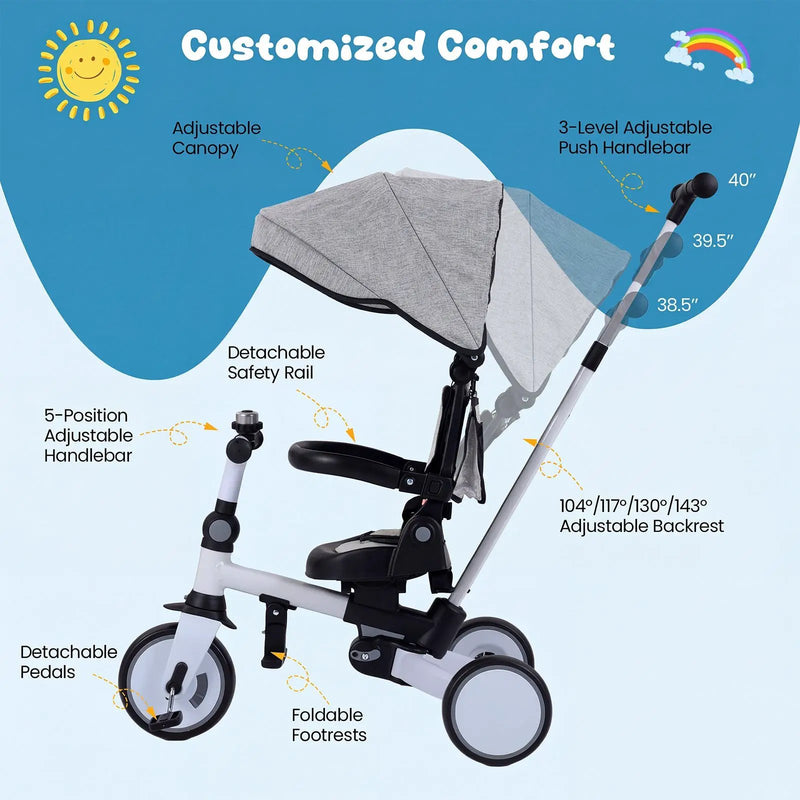 8-in-1 Folding Kids Tricycle with Removable Canopy and Push Handle by DirectDeals