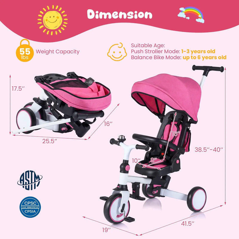 8-in-1 Folding Kids Tricycle with Removable Canopy and Push Handle by DirectDeals