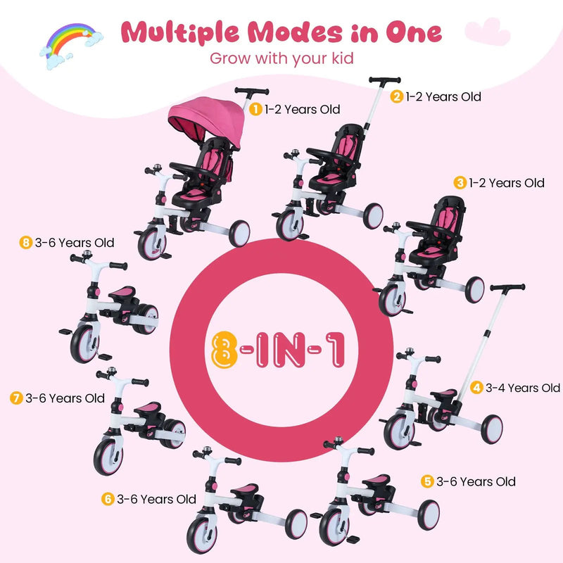 8-in-1 Folding Kids Tricycle with Removable Canopy and Push Handle by DirectDeals