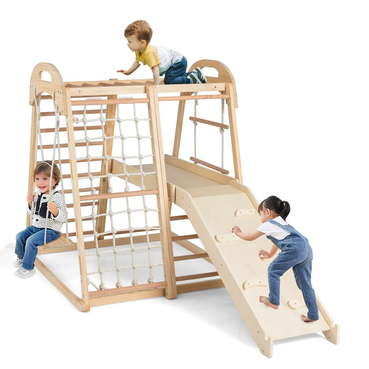 8-in-1 Jungle Gym Wooden Montessori Climber Playset with Slide and Monkey Bar for Kids 3-5 Years Old by DirectDeals