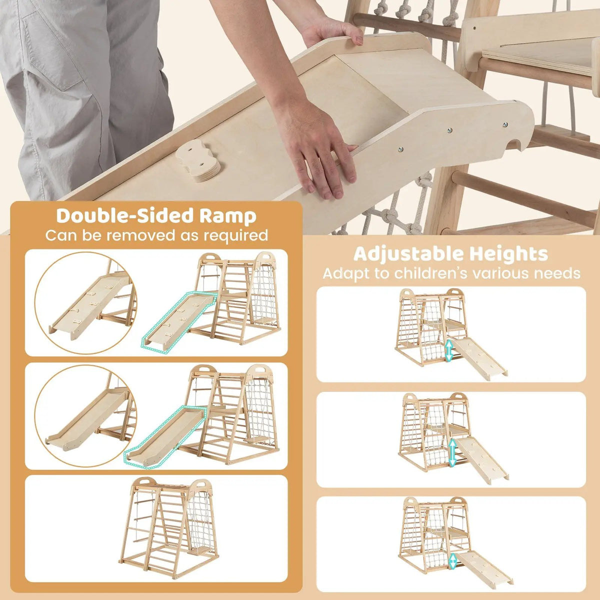 8-in-1 Jungle Gym Wooden Montessori Climber Playset with Slide and Monkey Bar for Kids 3-5 Years Old by DirectDeals