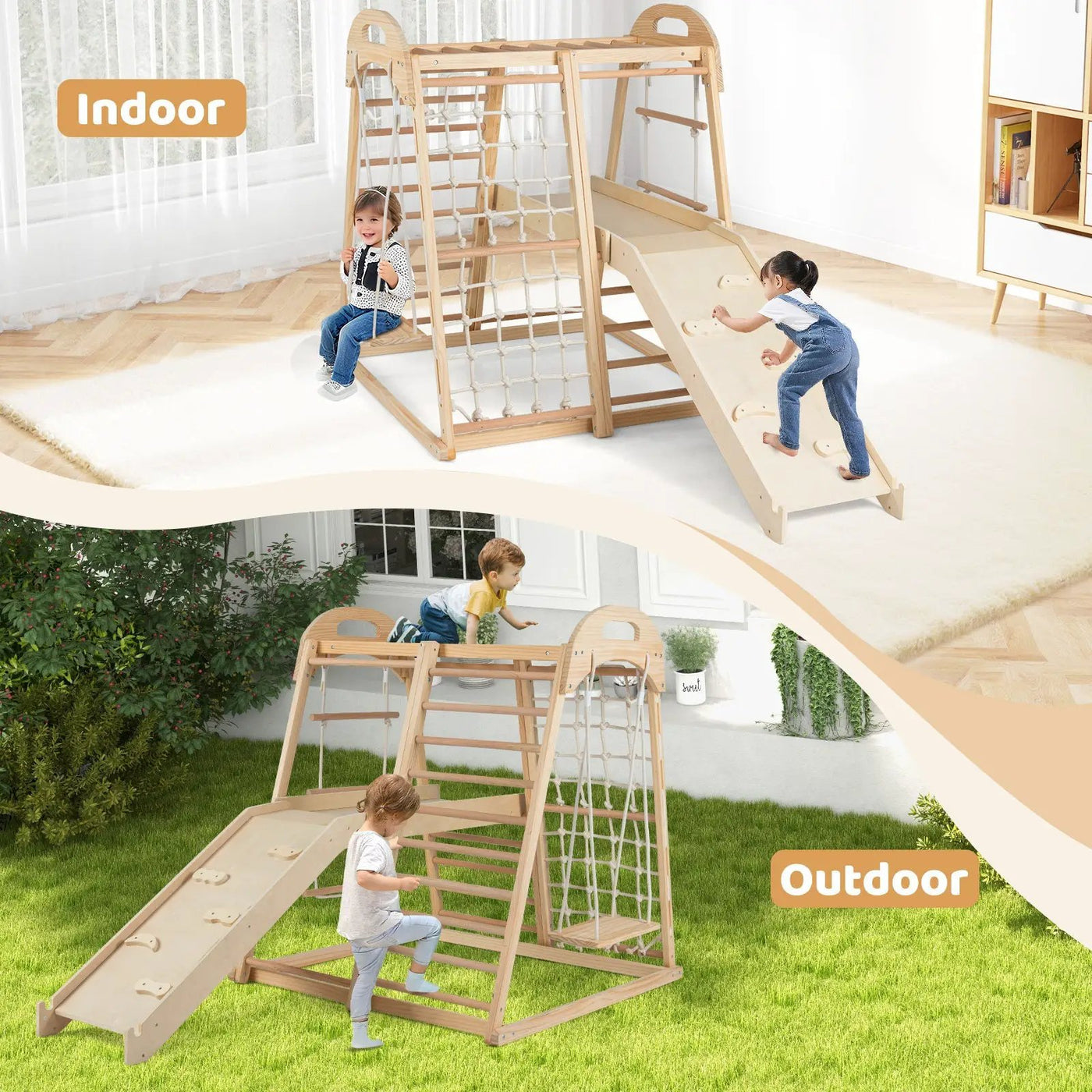 8-in-1 Jungle Gym Wooden Montessori Climber Playset with Slide and Monkey Bar for Kids 3-5 Years Old by DirectDeals