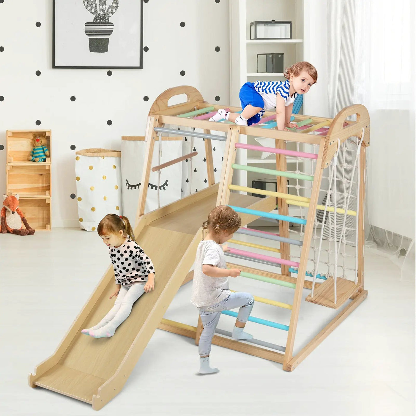 8-in-1 Jungle Gym Wooden Montessori Climber Playset with Slide and Monkey Bar for Kids 3-5 Years Old by DirectDeals