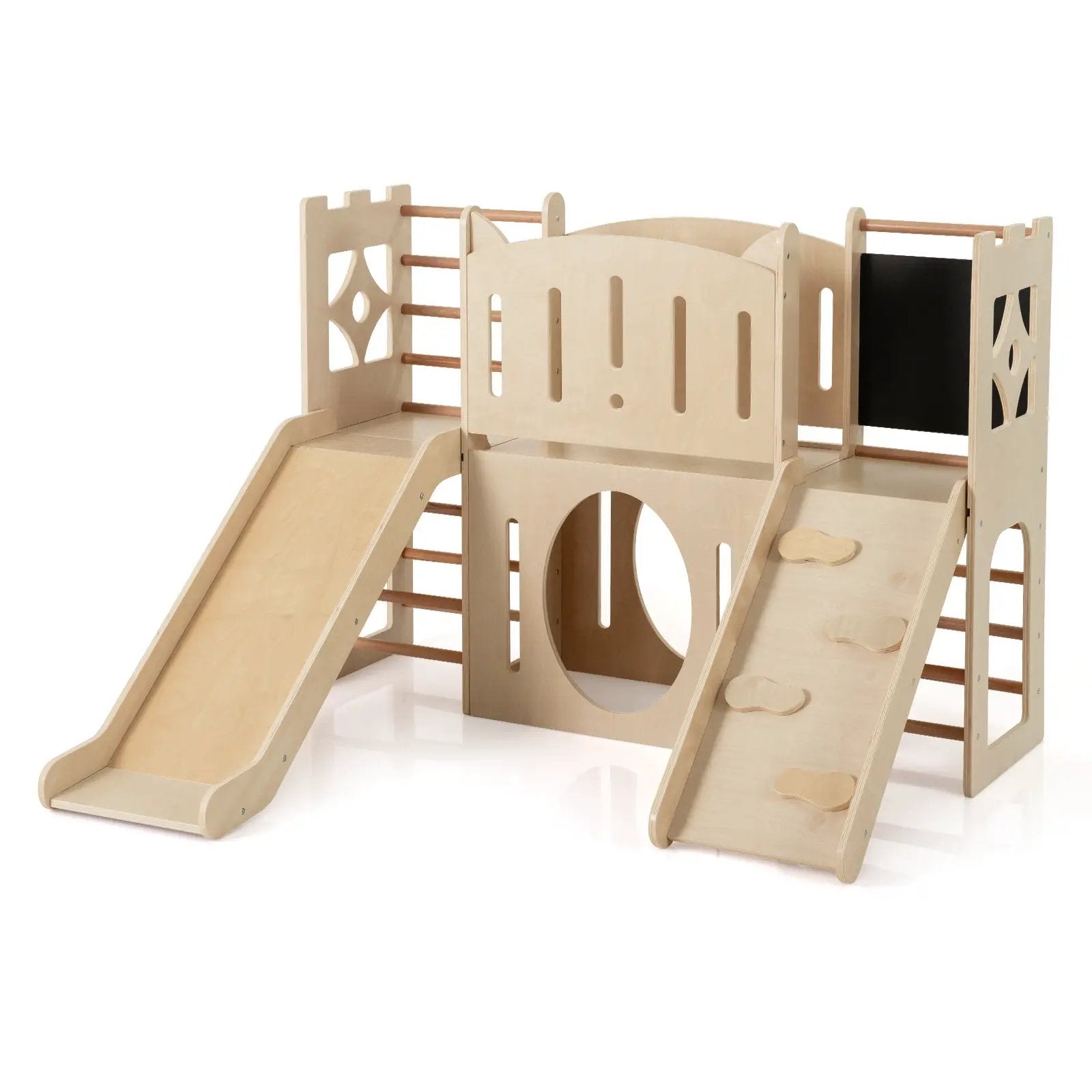 8-in-1 Toddler Slide Wooden Indoor Playground with Climber and Chalkboard-Natural by DirectDeals