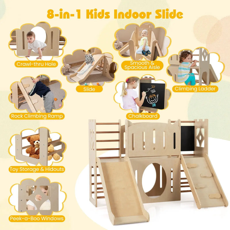 8-in-1 Toddler Slide Wooden Indoor Playground with Climber and Chalkboard-Natural by DirectDeals