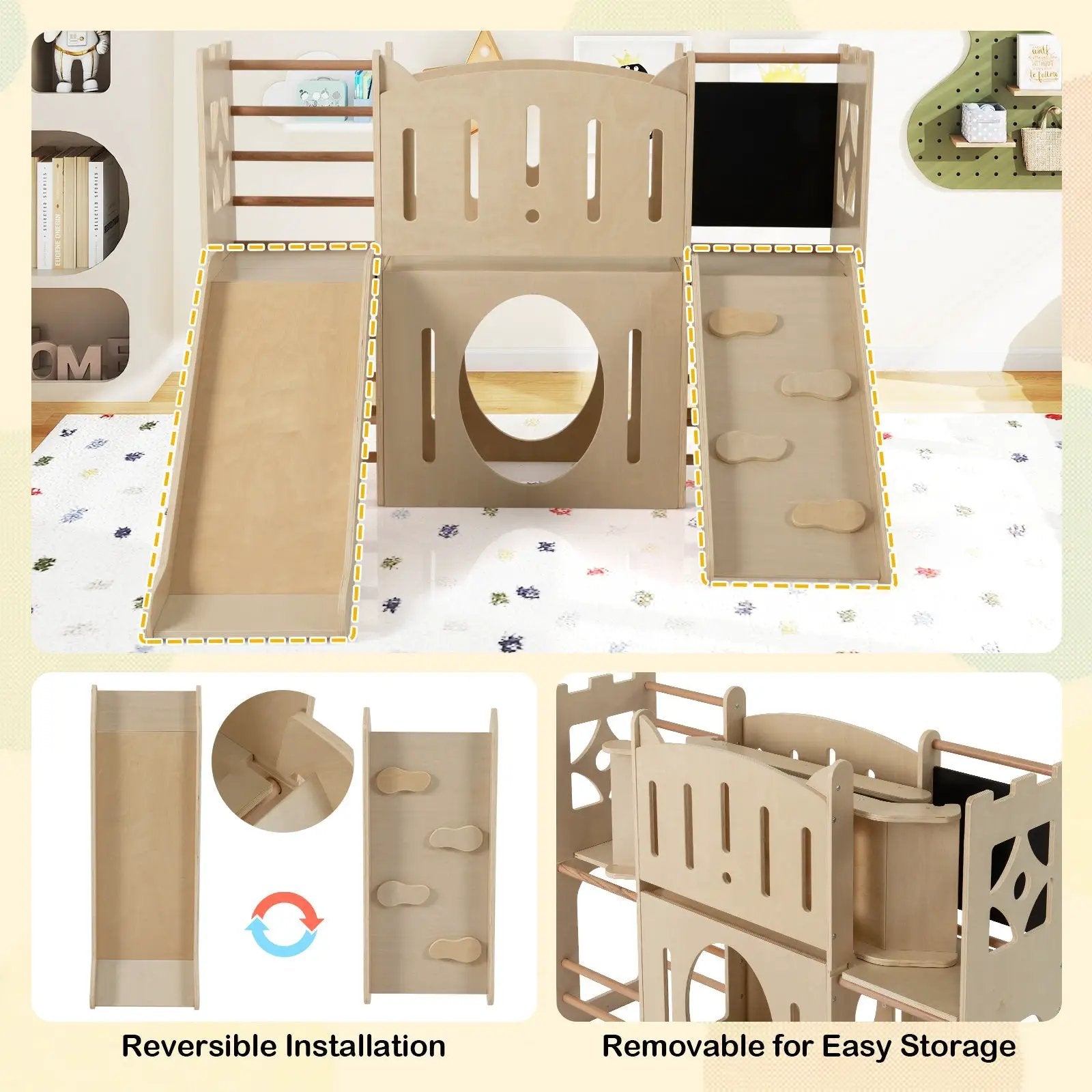 8-in-1 Toddler Slide Wooden Indoor Playground with Climber and Chalkboard-Natural by DirectDeals