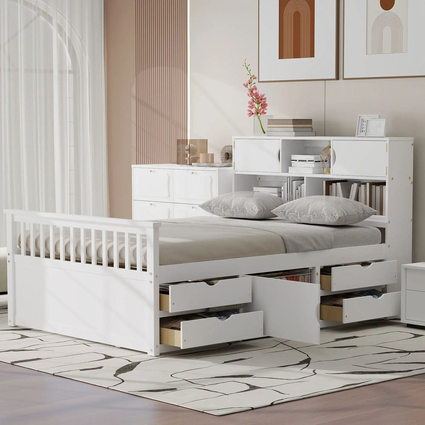 Captain Platform Bed Frame With Bookcase Headboard, 4 Drawers, Storage Shelves by HouseOfZazla