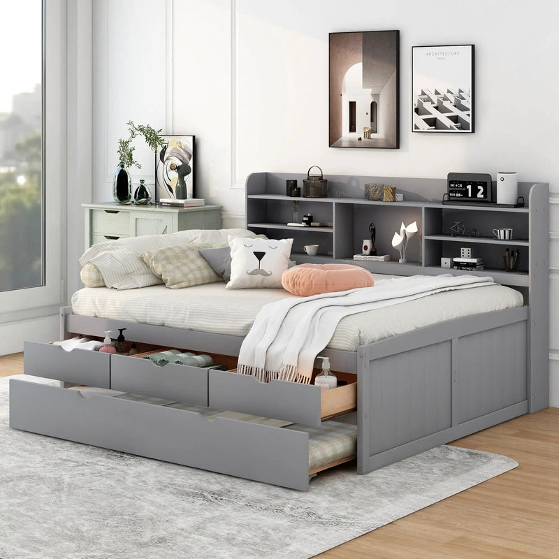 Captain Bed With Built In Bookshelves, 3 Storage Drawers, And Trundle by Unique Piece Furniture