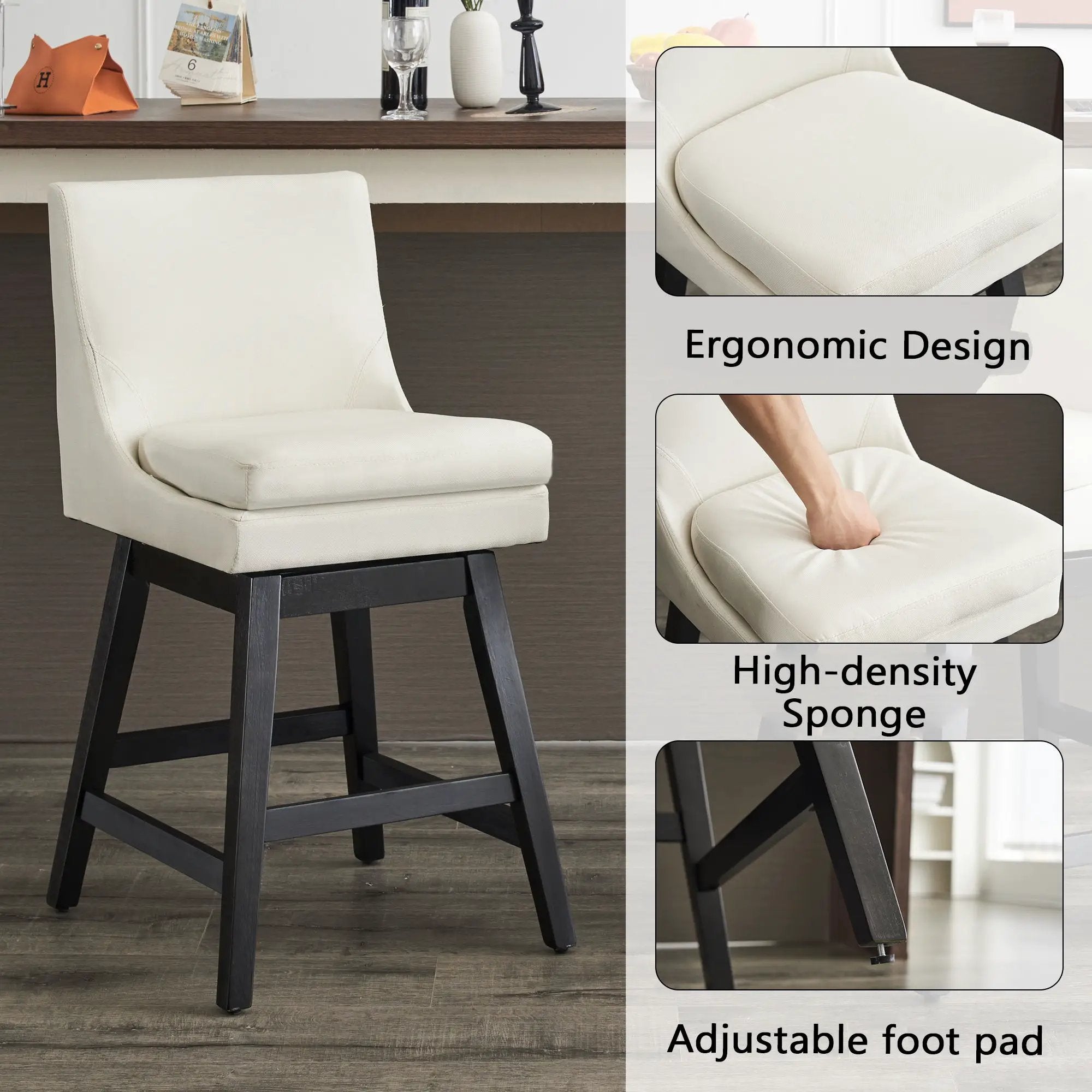 Upholstered Swivel Bar Stools With Ergonomic Design (Set of 2) - Cream White by Unique Piece Furniture