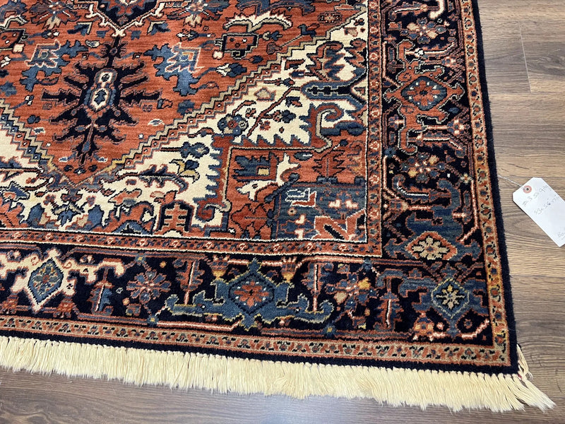 Heriz Rug 5.6 x 8, Geometric Medallion, Wool Oriental Carpet, Tribal Boho Rug, Red Navy Blue Cream, Belgium Power Loomed Rug, Medium Sized by Jewel Rugs