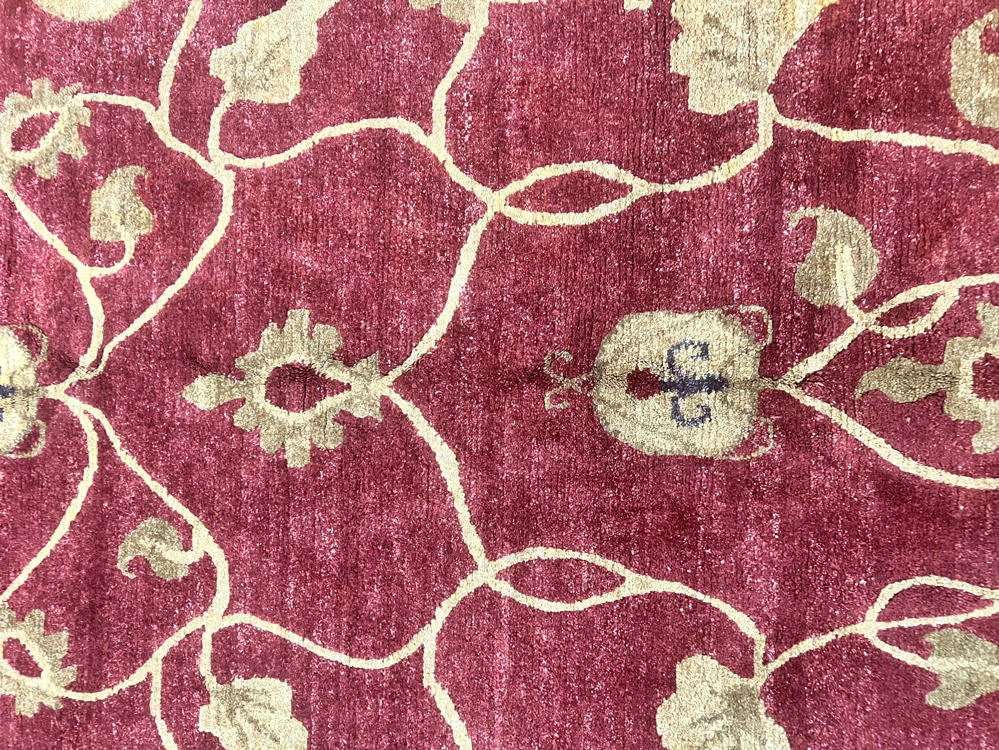Tibetan Aubusson Rug 8x10, Maroon and Beige, Floral, Handmade, Wool, Vintage, Traditional Rug by Jewel Rugs