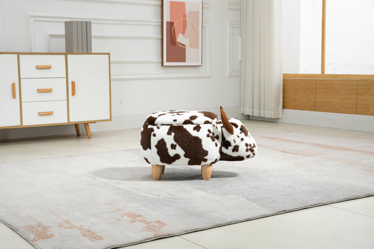 Faux-Fur Ottoman with Hidden Storage and Solid Wood Legs - Brown & White, photo 2 of 9