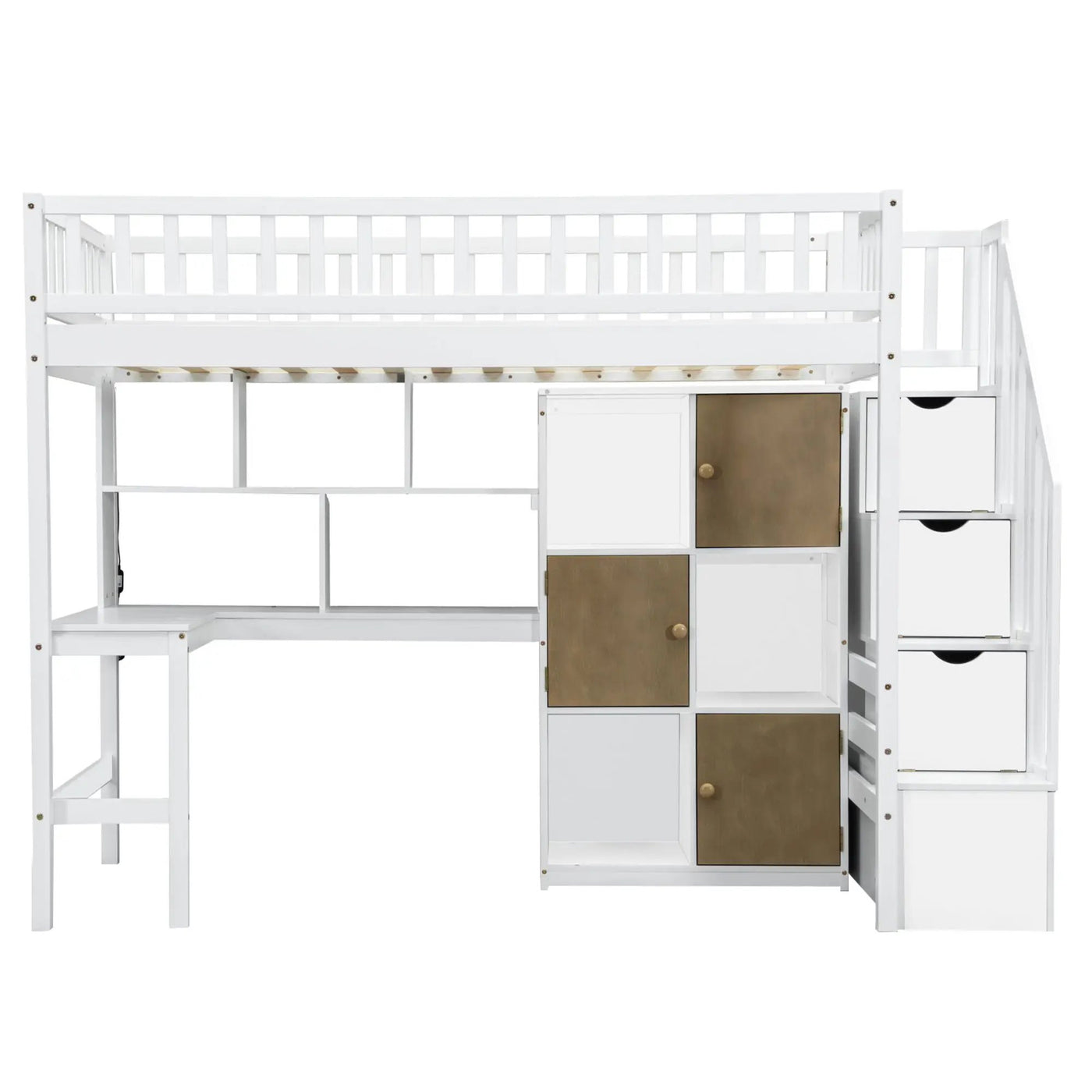 Loft Bed With Built In L Shaped Desk, LED Lights, Storage Shelves, Cabinets, And Staircase by HouseOfZazla