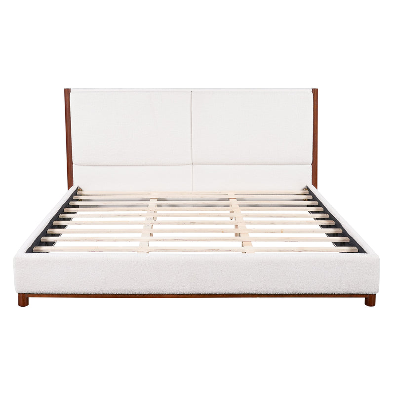 King Size Upholstered Bed Frame with Slat Support - White & Walnut, photo 6 of 10