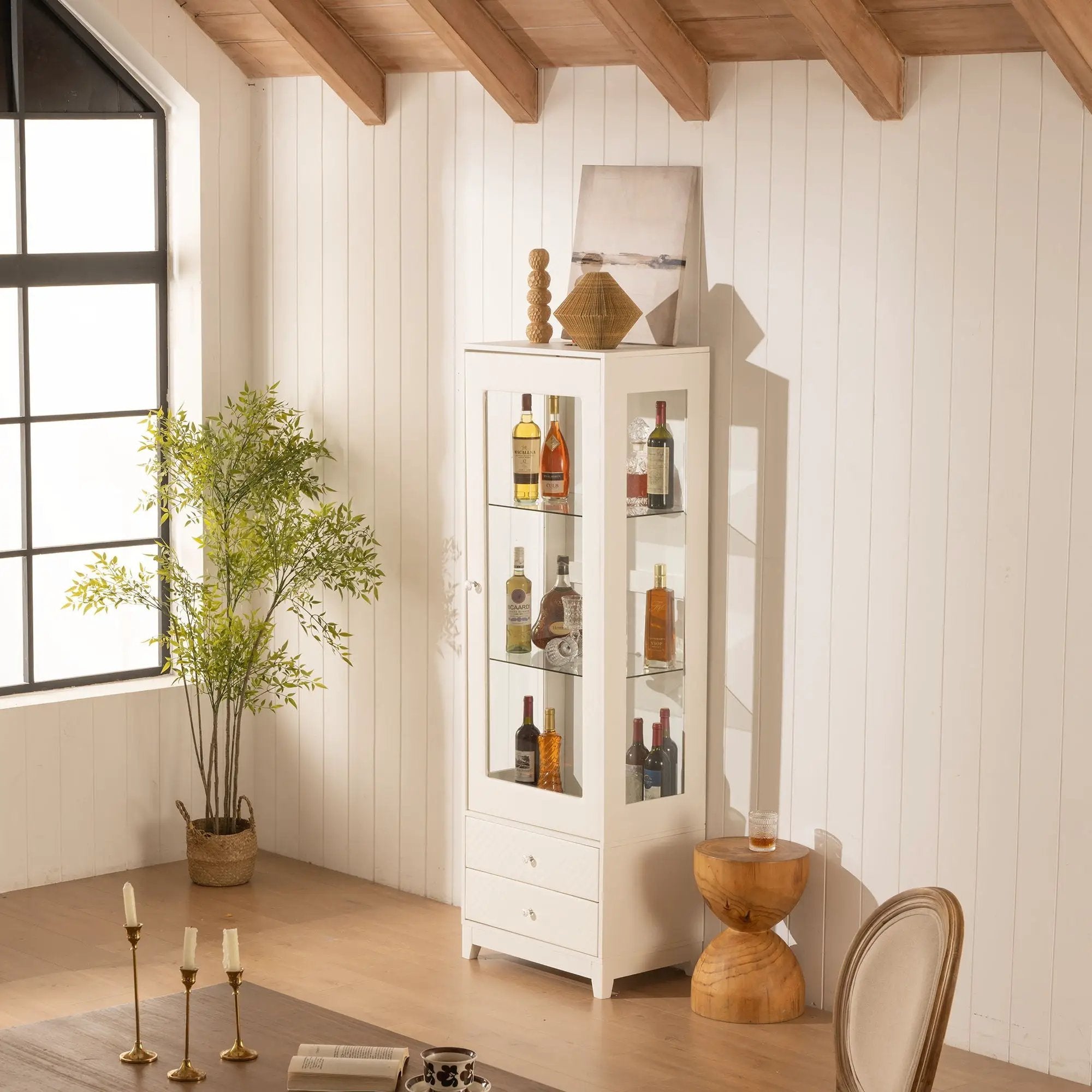 Modern Upholstered Glass Display Cabinet With Adjustable LED Light - White by Unique Piece Furniture