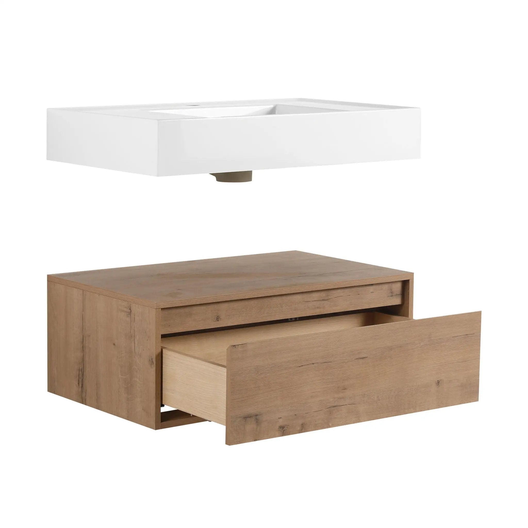 Modern Wall Mounted 30 Inch Bathroom Vanity With Resin Sink And 2 Side Cabinet In Imitative - Imitative Oak by HouseOfZazla