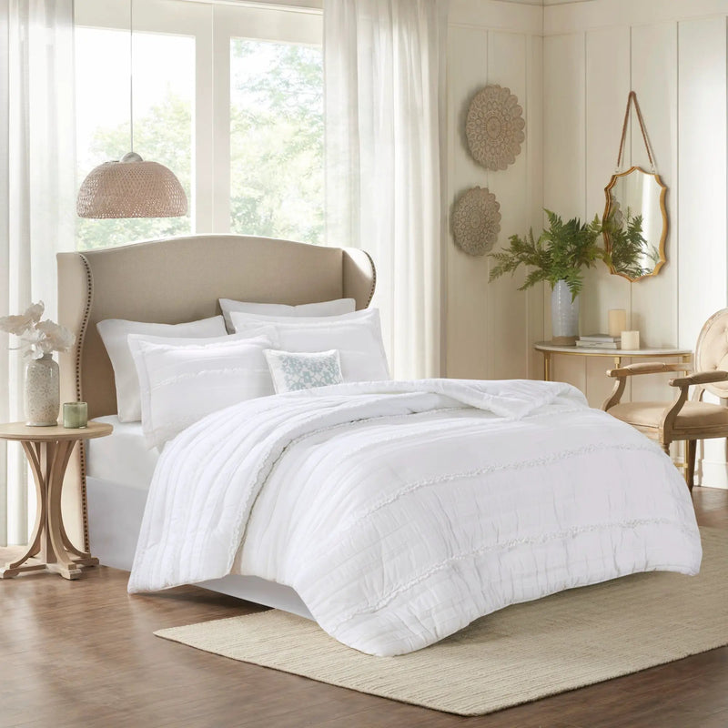 5 Piece Microfiber Ruffled Comforter Set - White California King by HouseOfZazla